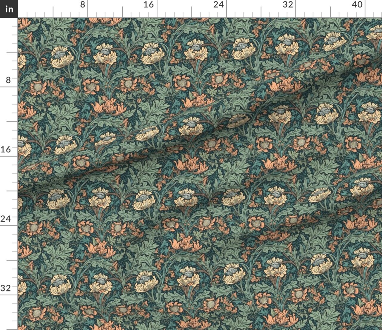 William Morris Green Yellow Botanical Flowers Victorian Damask Custom Printed Fabric by Spoonflower Various Fabrics by the Yard or Fat Quarter